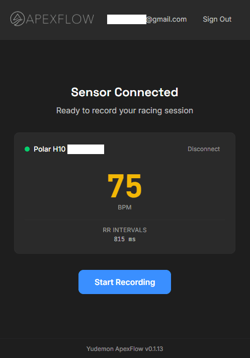 ApexFlow desktop app with a Polar H10 connected, showing live heart rate and the Start Recording button