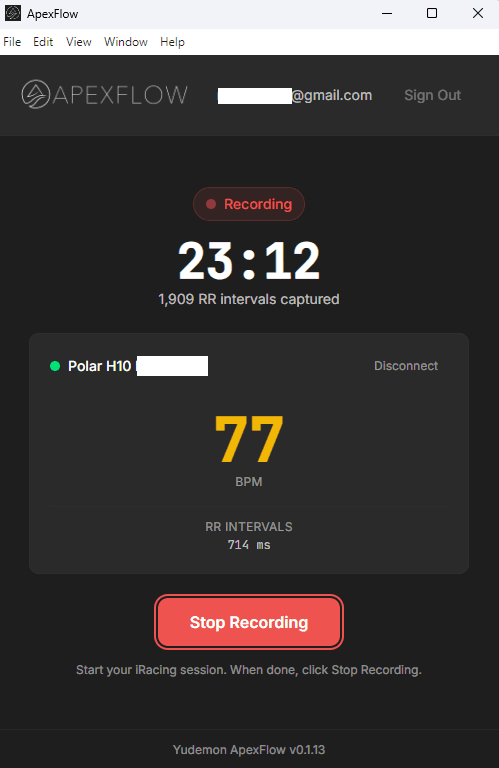 ApexFlow desktop app recording, showing elapsed time, RR intervals captured, and the Stop Recording button