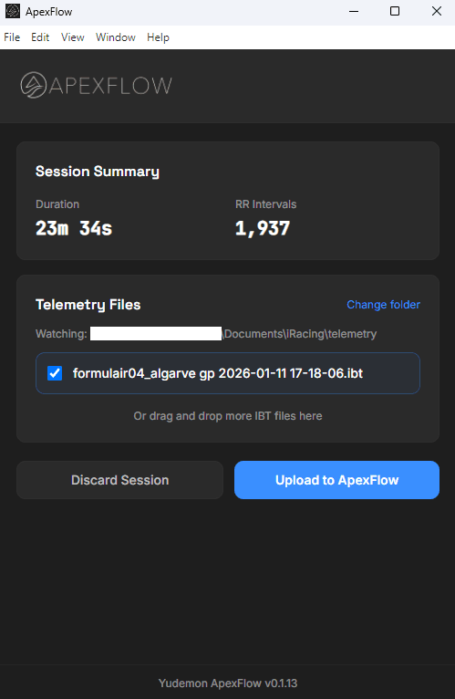Session summary with the auto-detected iRacing telemetry file ticked and the Upload to ApexFlow button