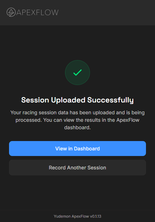 Session uploaded successfully, with a View in Dashboard button