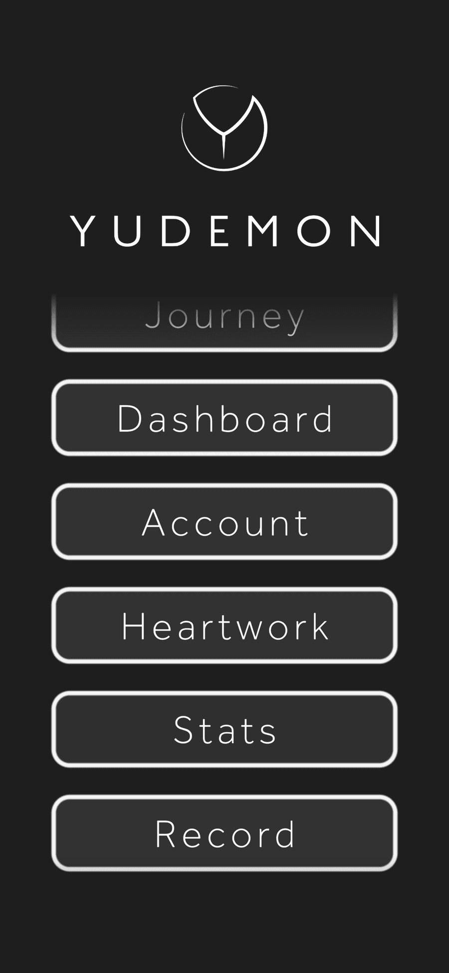 Yudemon HRV app main menu with the Record button at the bottom