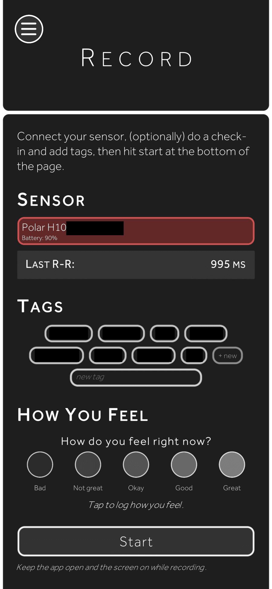 Record setup screen with the connected Polar H10, live R-R interval, optional tags and check-in, and the Start button