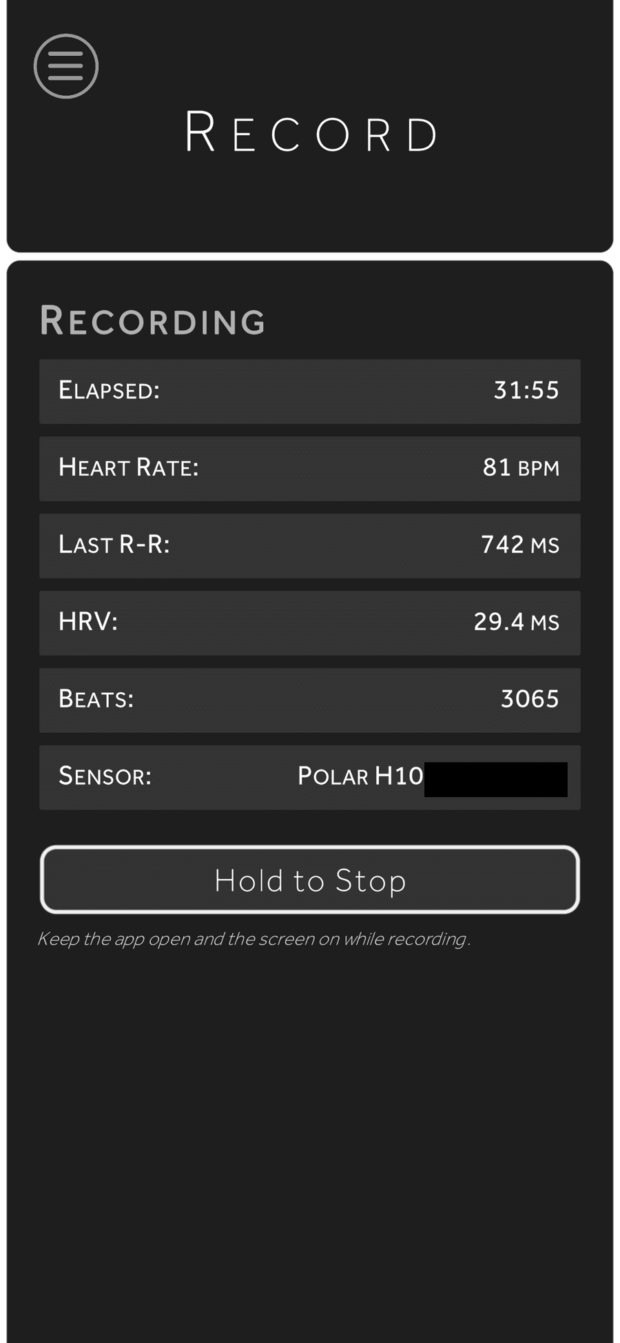 Recording screen showing elapsed time, heart rate, last R-R, HRV, beat count, and the Hold to Stop button