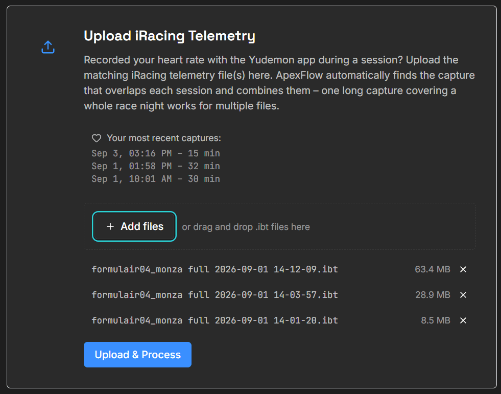 Three .ibt files from one race event added and ready to upload